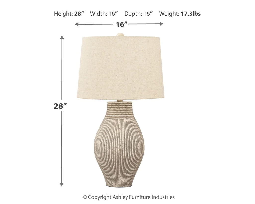 Layal paper table lamp, 28 in height; beige shade and ribbed base