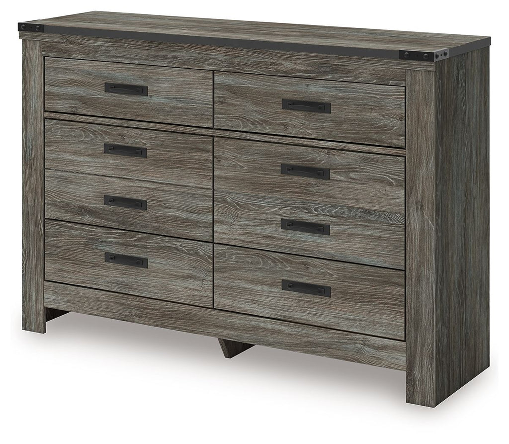 Gray panel dresser with six drawers and black bar pulls.