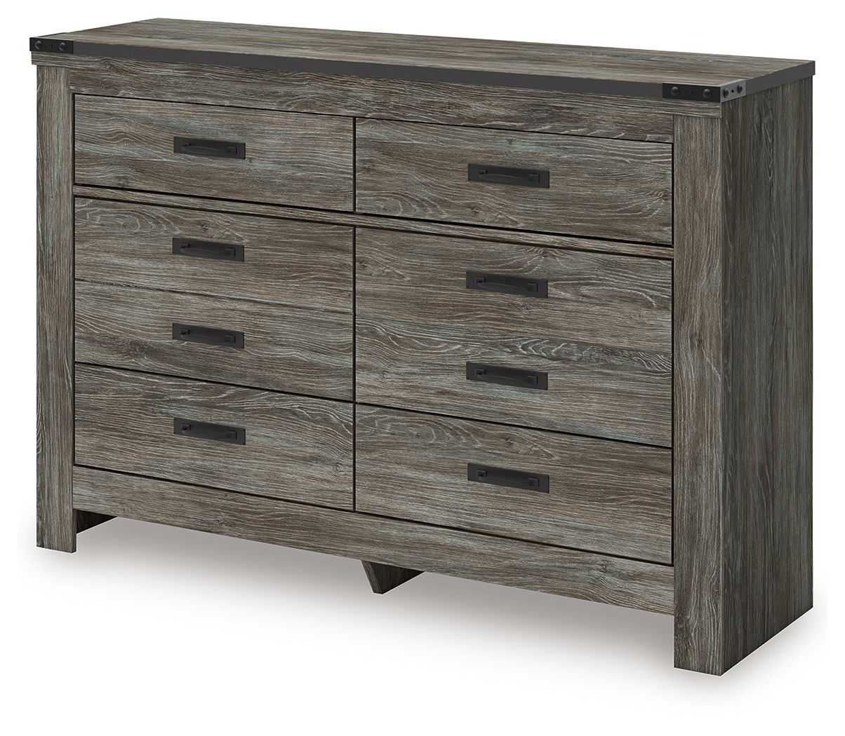 Gray wood dresser with four drawers and two cabinet doors