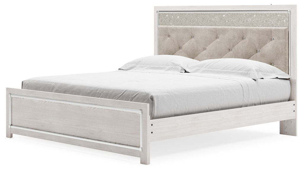 King upholstered panel bed with tufted beige headboard and white side drawers