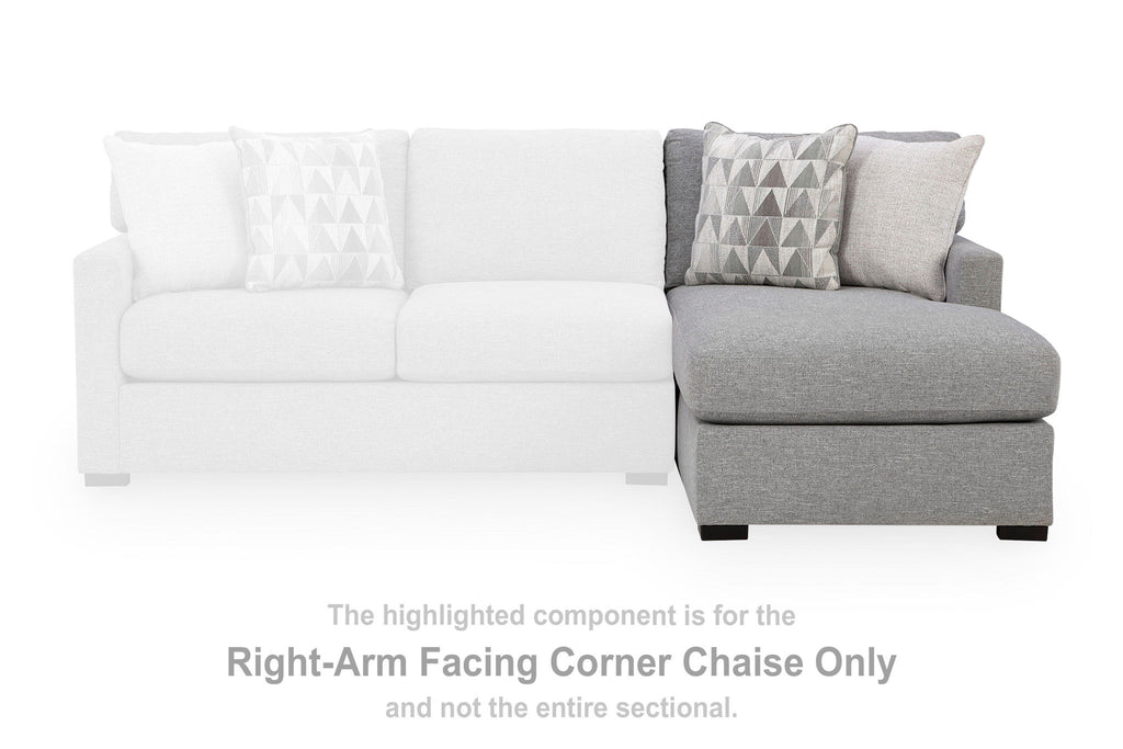 Right-arm corner chaise with gray upholstery, patterned pillow, and block feet