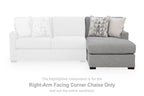 Right-arm corner chaise with gray upholstery, patterned pillow, and block feet