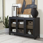 Dark gray accent cabinet with three doors, mix of cubbies and open shelving