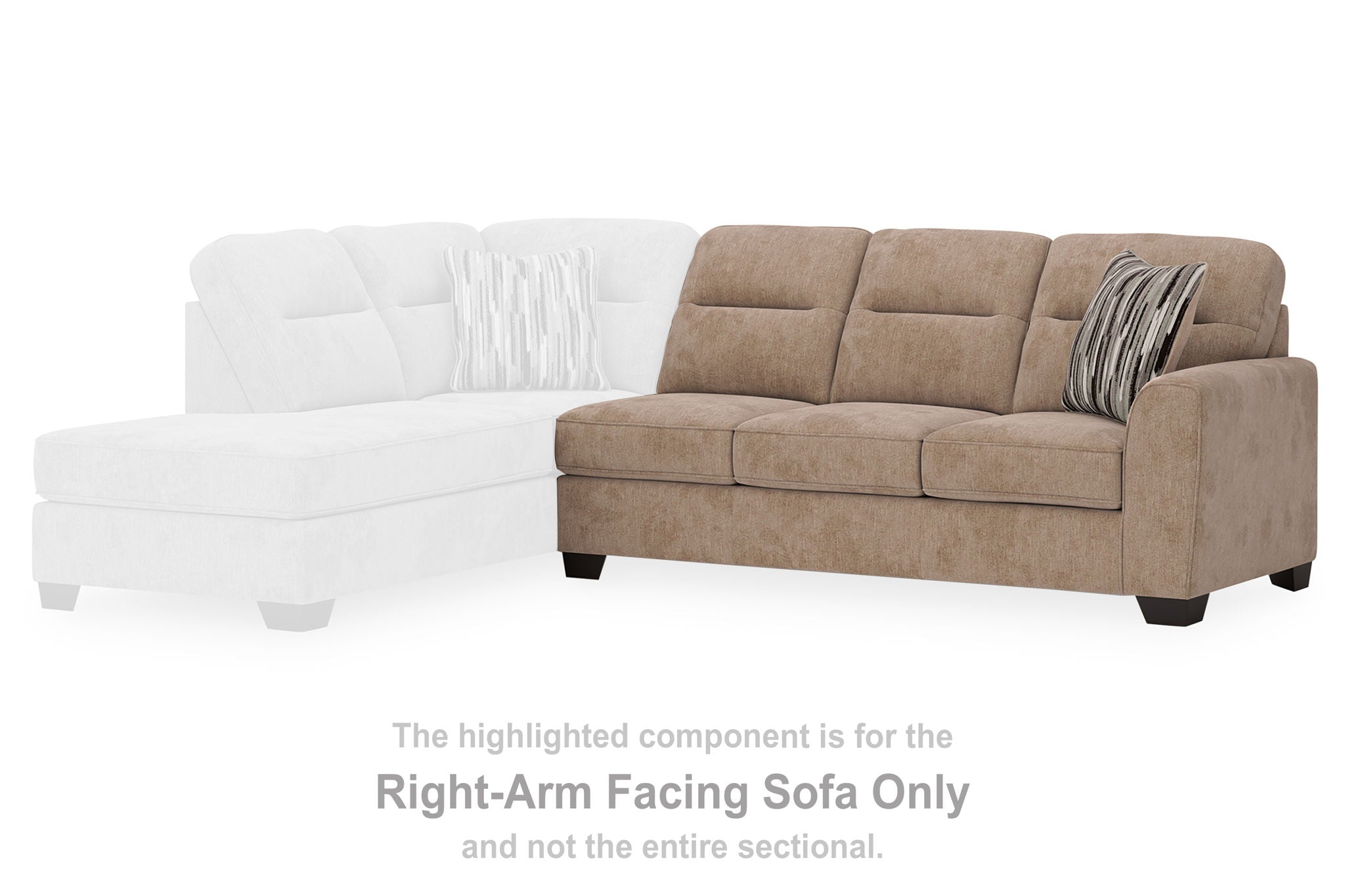 Mocha RAF sofa with right-side arm, three seat cushions, and backrest pillows