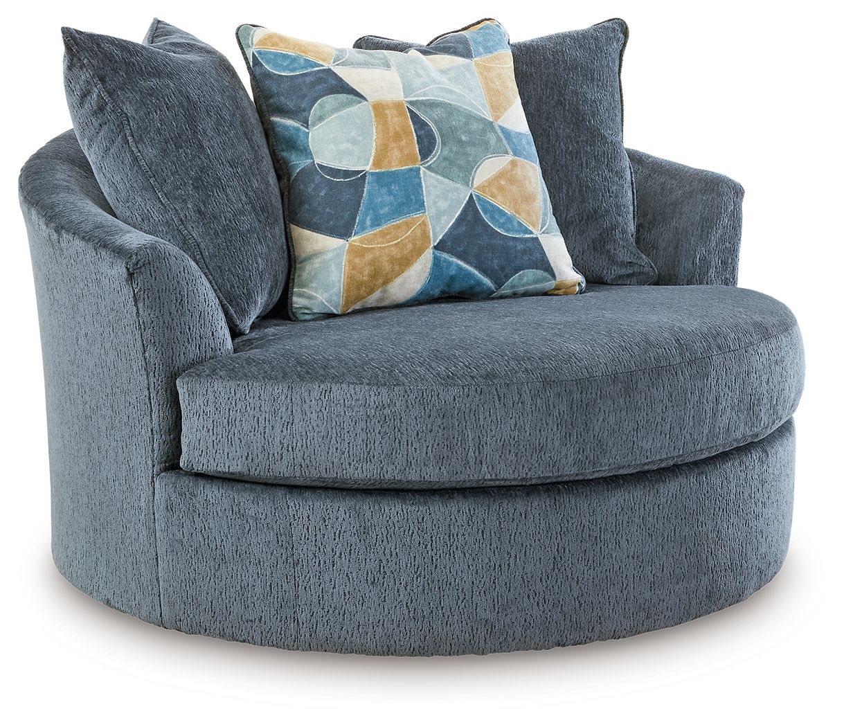 Dark blue oversized swivel accent chair with rounded arms and cushioned seat