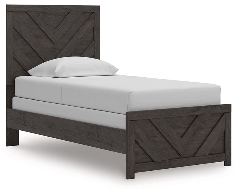 Panel bed with dark gray wood frame, chevron headboard and footboard, white mattress