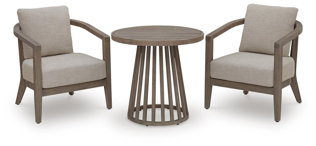Beige outdoor lounge set: two cushioned armchairs and a round slatted side table