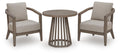 Beige outdoor lounge set: two cushioned armchairs and a round slatted side table