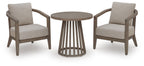 Beige outdoor lounge set: two cushioned armchairs and a round slatted side table