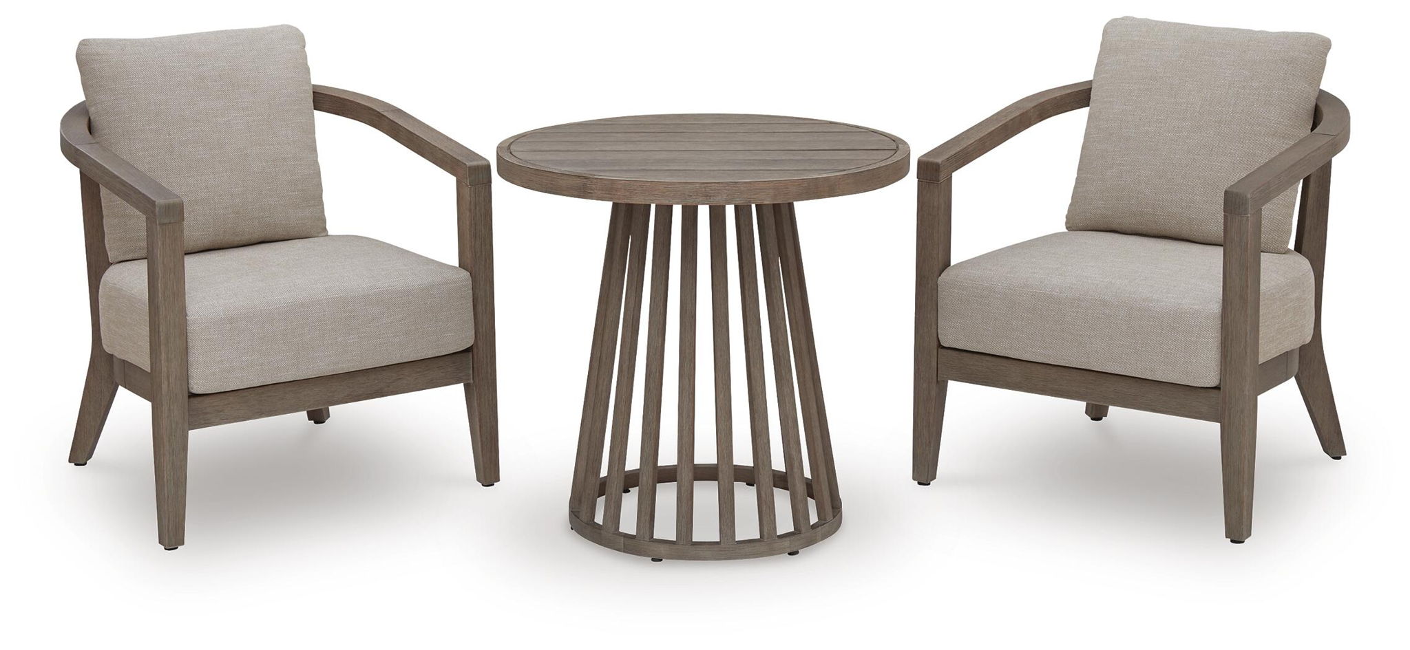 Beige outdoor lounge set: two cushioned armchairs and a round slatted side table