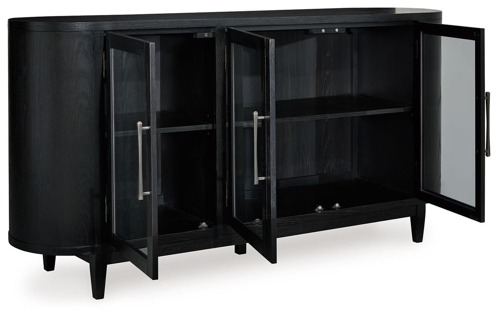 Black dining room server with open doors revealing two interior shelves