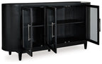 Black dining room server with open doors revealing two interior shelves