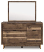 Brown wooden dresser with square mirror, four large drawer panels and center divider