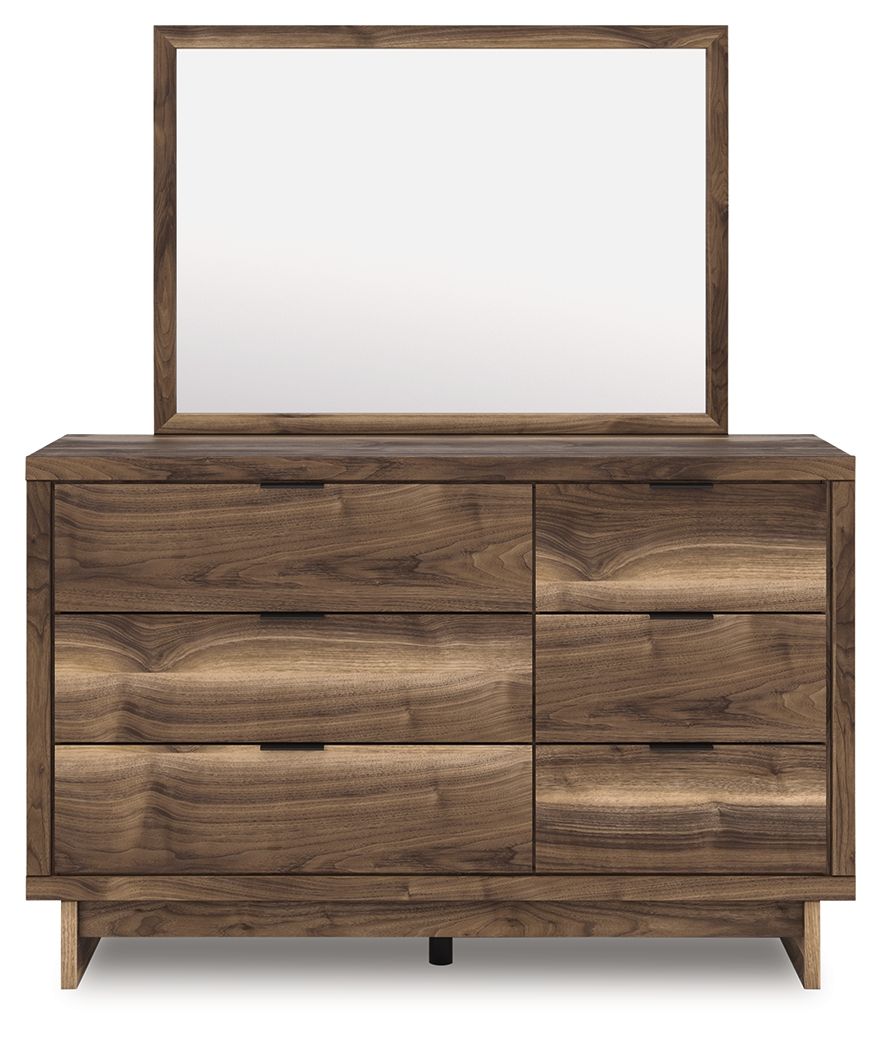 Brown wooden dresser with square mirror, four large drawer panels and center divider