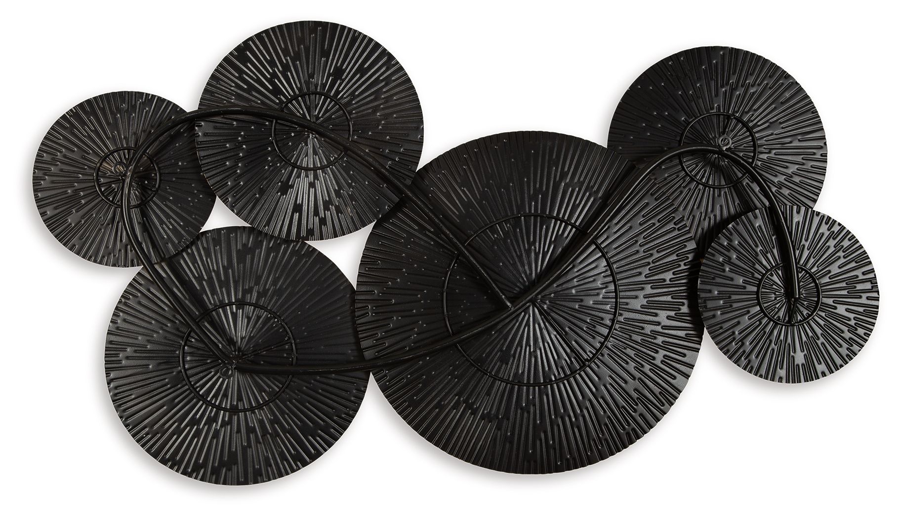 Black and gold wall decor featuring overlapping round metal disc set with radial fans