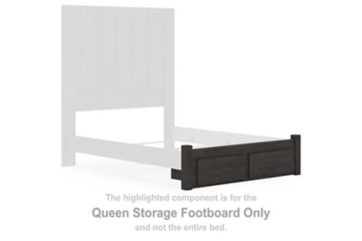 Charcoal queen storage footboard with slatted panel and low front rail