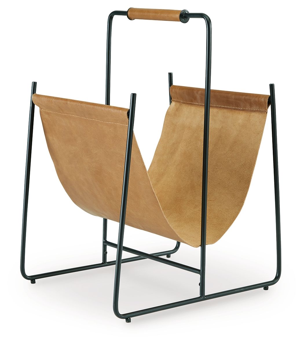 Brown magazine rack with black metal frame and three-section paper holder