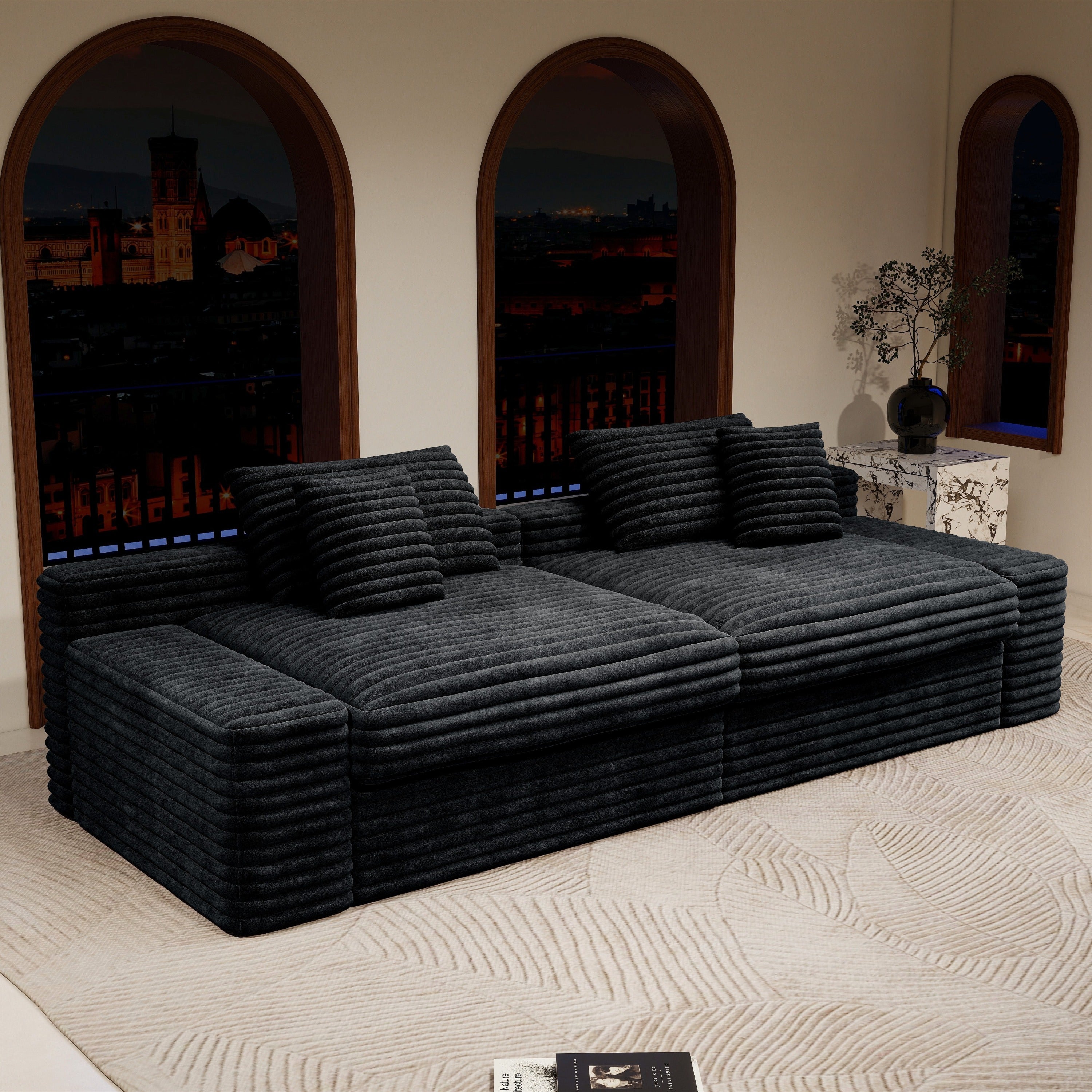 Plush Black Corduroy Modular Sectional Sofa - No Assembly