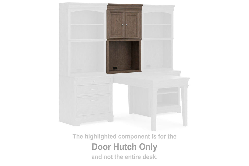 Weathered gray door hutch component with cabinet doors and open shelf section