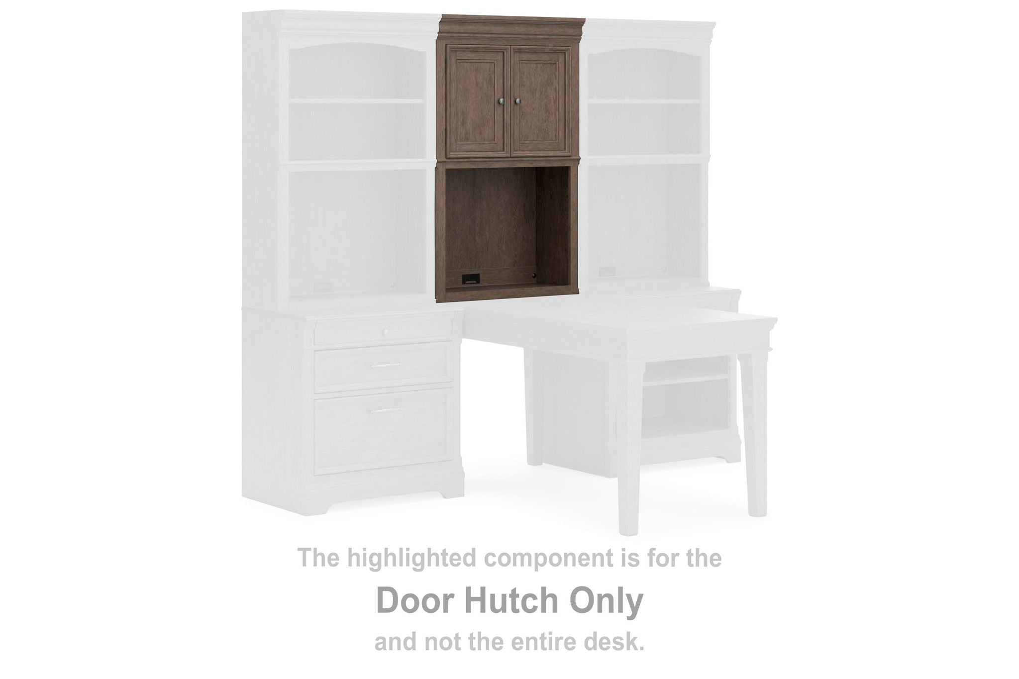 Weathered gray door hutch component with cabinet doors and open shelf section