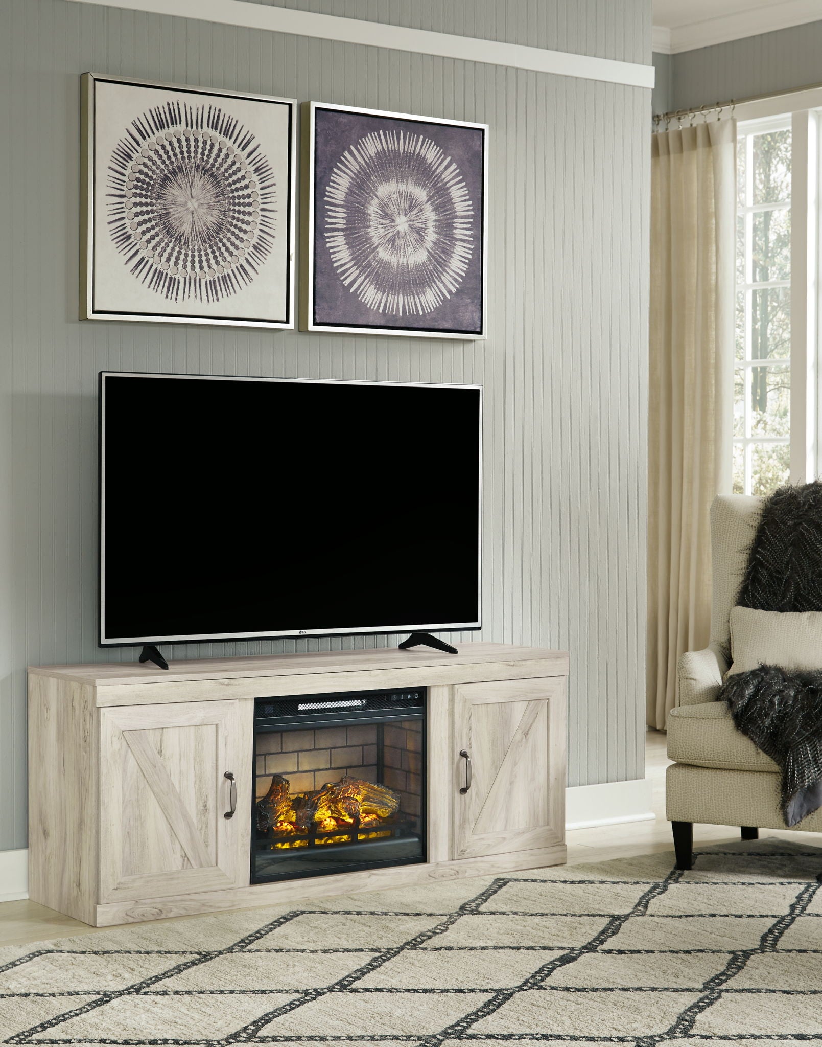 Whitewash TV stand with faux fireplace insert and cabinet doors
