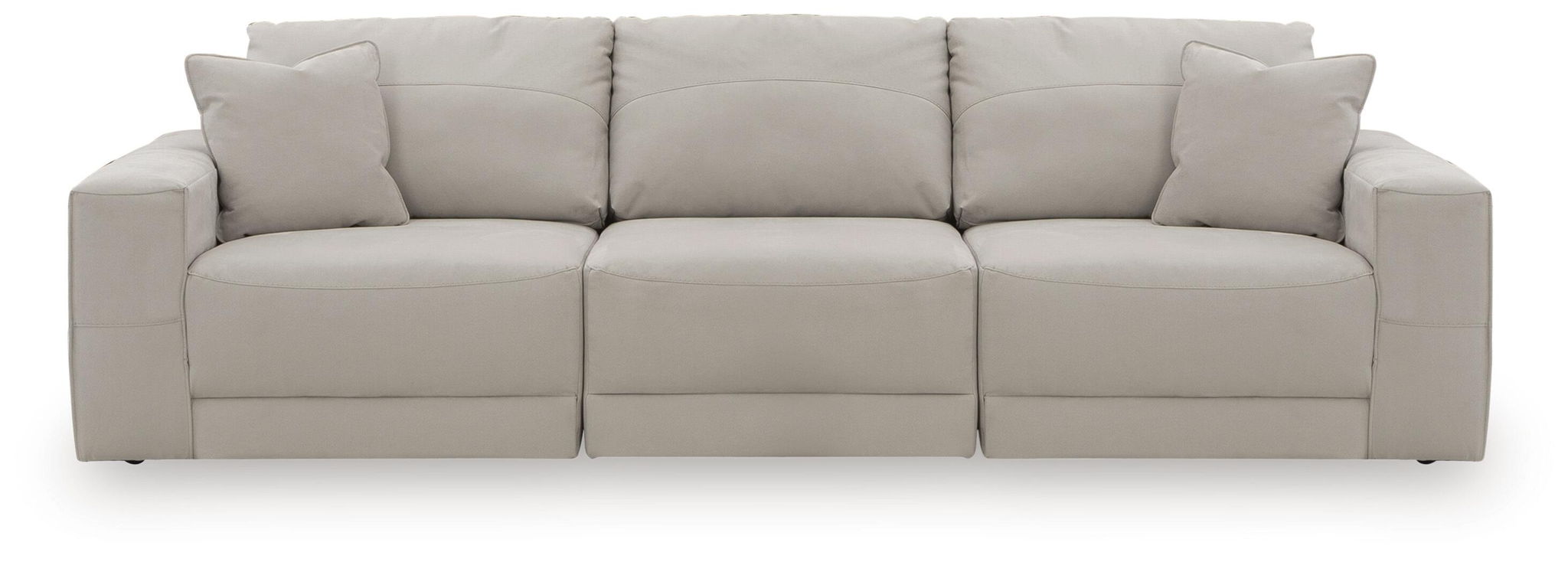Gray sectional sofa with square arms and cushioned seats