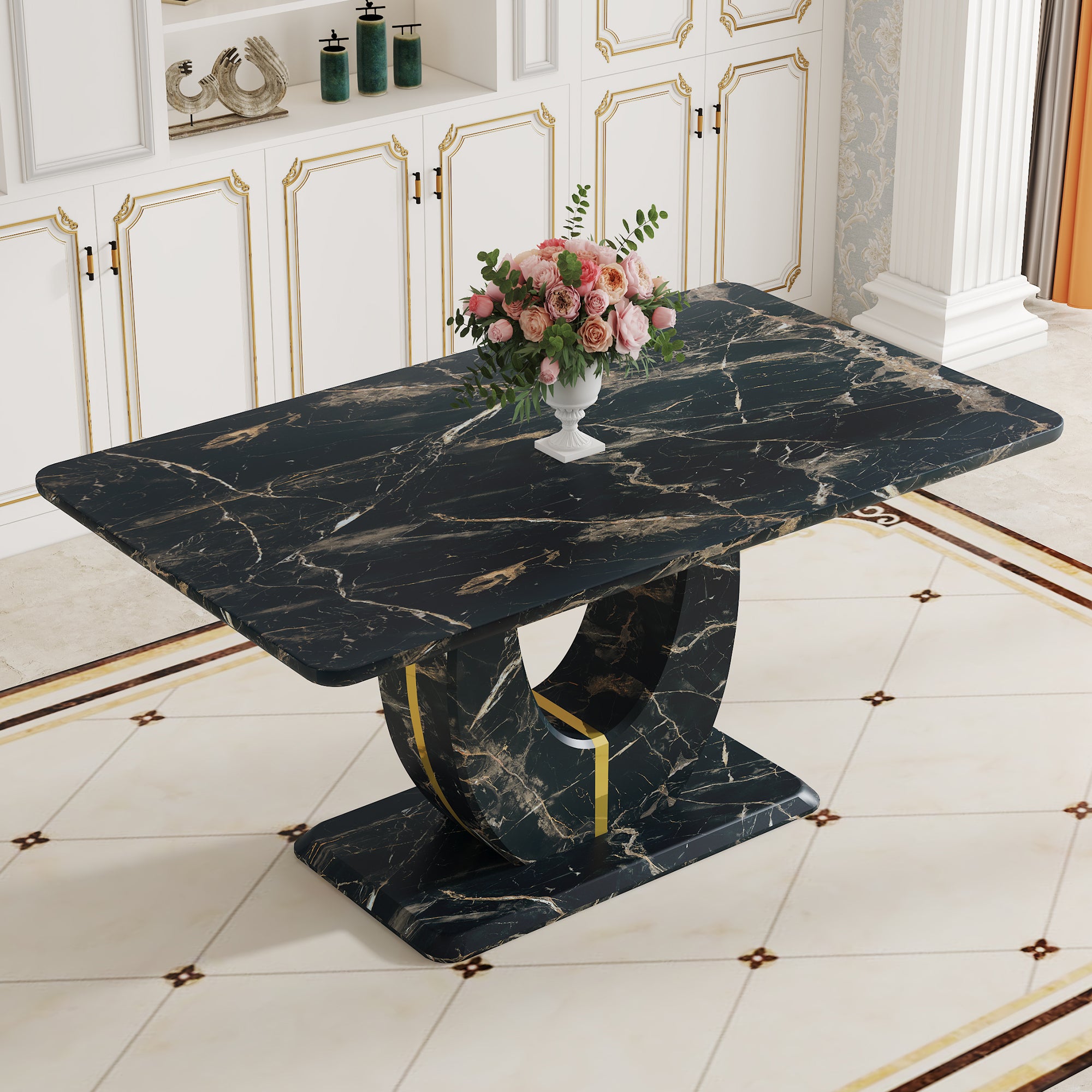 Modern Black Marble Dining Table (63x37) with Gold Legs