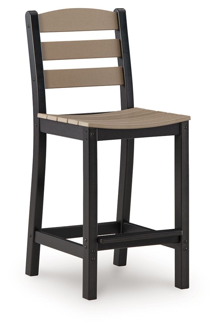 Barstool with black frame and beige seat, open back and footrest