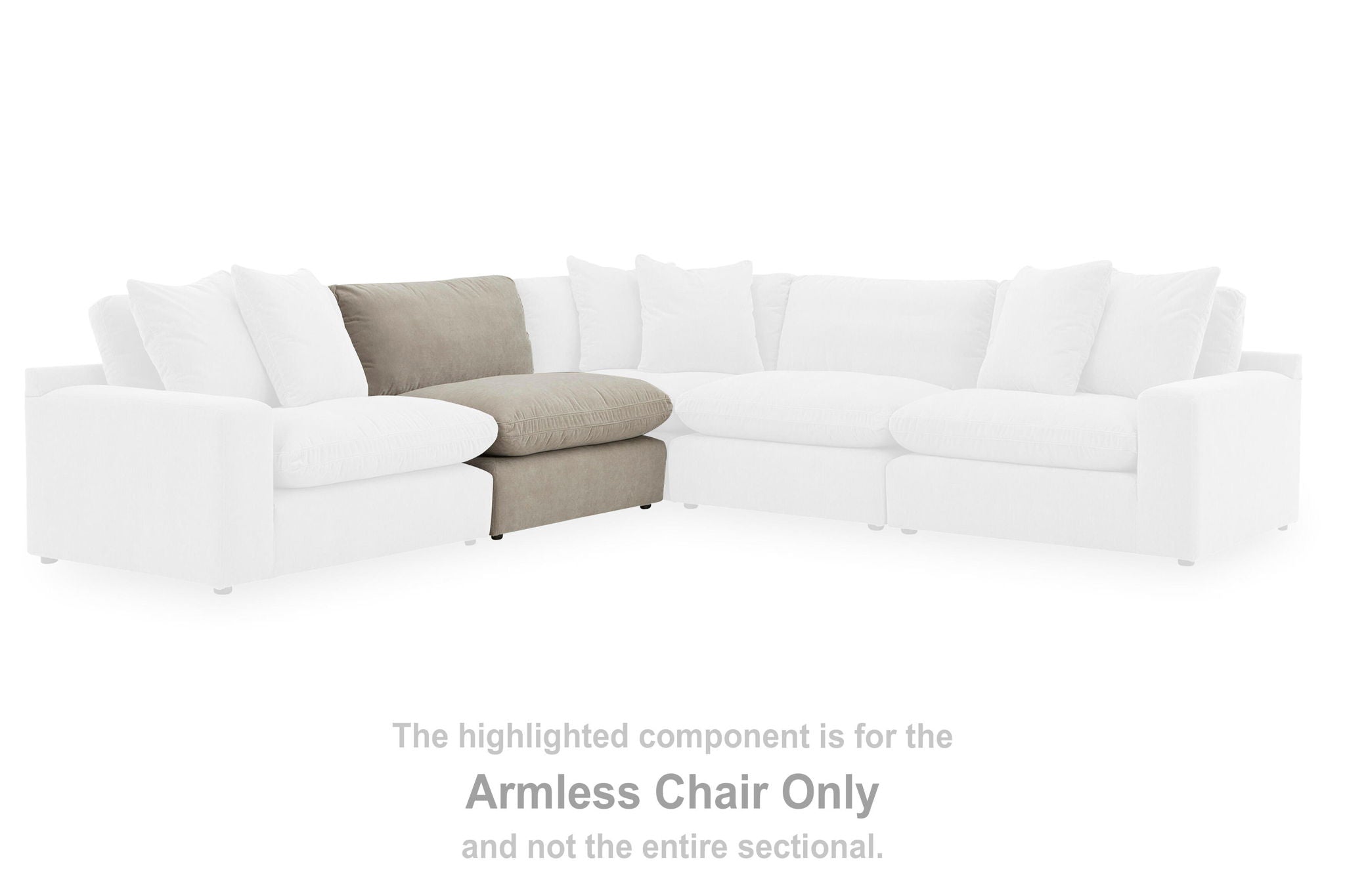 Pebble armless chair component for sectional, upholstered cushions on white frame