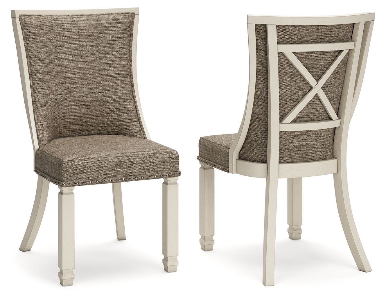 Upholstered dining side chair with lattice back panel, brown fabric, light wood frame