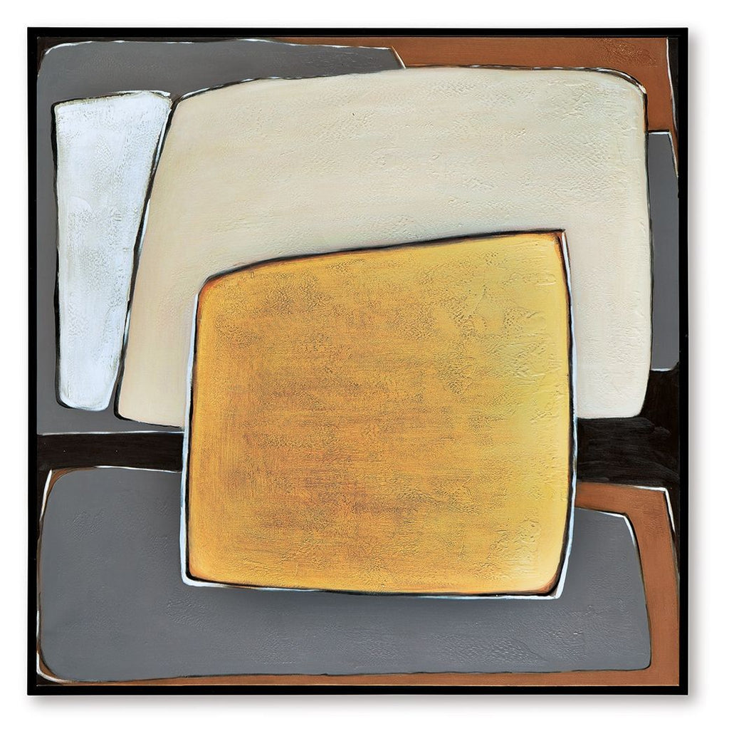 Abstract wall art: central mustard square with cream side panels and gray border in frame