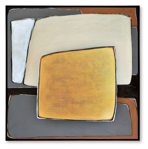 Abstract wall art: central mustard square with cream side panels and gray border in frame