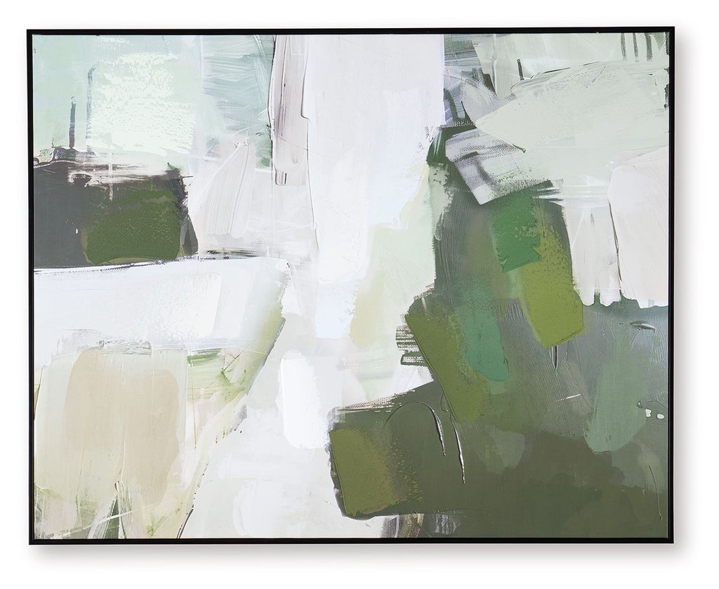 Framed abstract wall art with green, gray, and white brush blocks and strokes