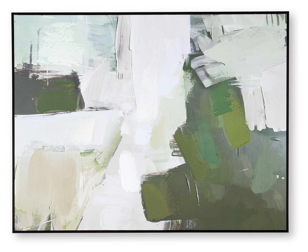 Framed abstract wall art with green, gray, and white brush blocks and strokes