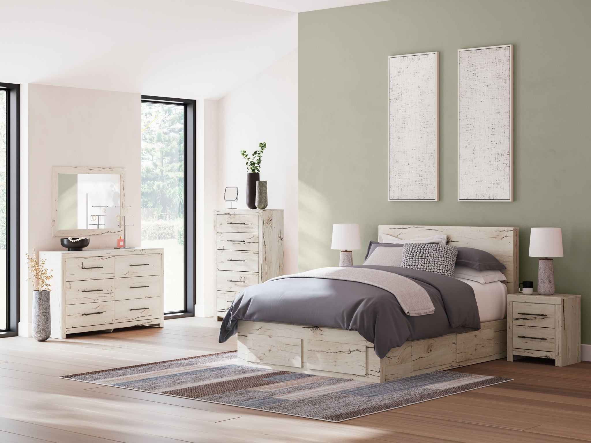Storage bedroom set with light wood bed drawers, dresser and mirror, plus nightstands