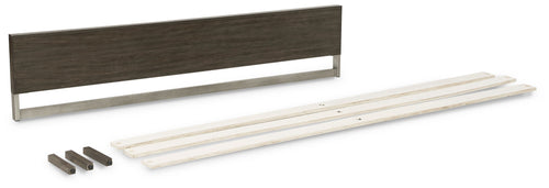 Grayish brown panel footboard with wooden slats and metal brackets, separate pieces
