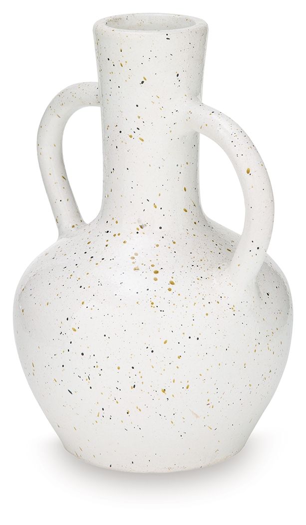 Speckled white ceramic vase with two side loop handles and flared shoulder.