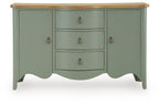 Antique green accent cabinet with wood top and three drawers, scalloped sides, brass pulls