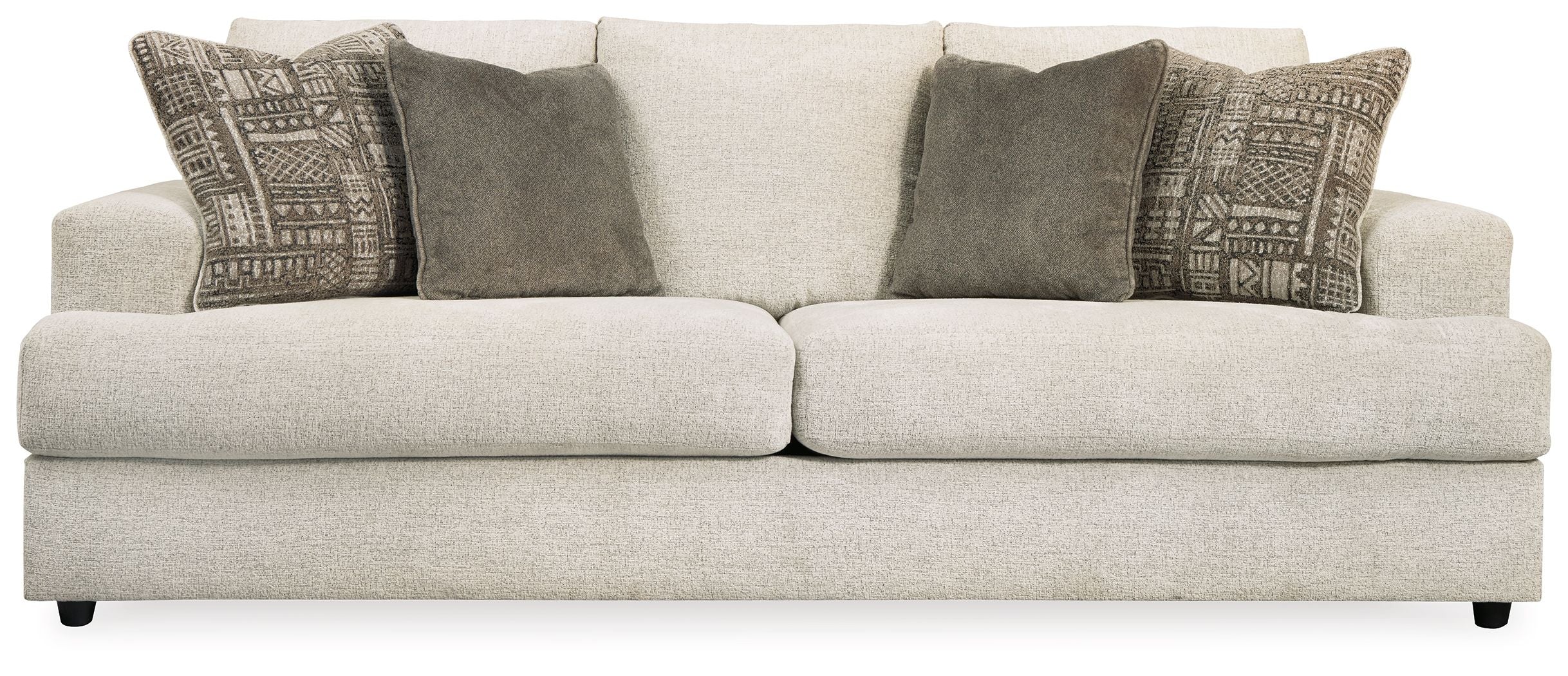 Soletren stationary sofa, light stone fabric with patterned and gray throw pillows