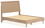 Beige panel bed with upholstered headboard and slatted wooden frame