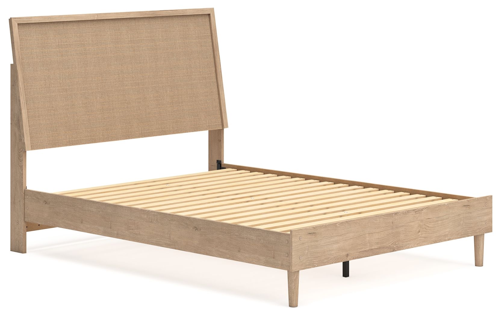 Beige panel bed with upholstered headboard and slatted wooden frame