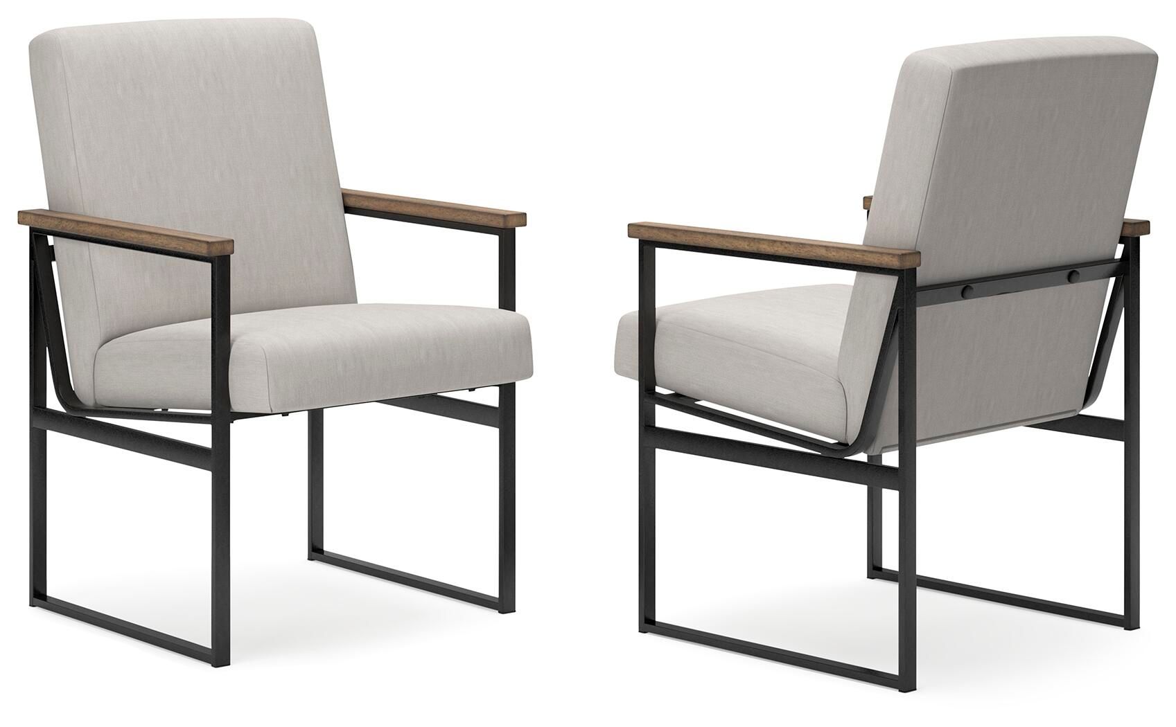 Home office desk chair with gray fabric upholstery and dark metal armrests and base