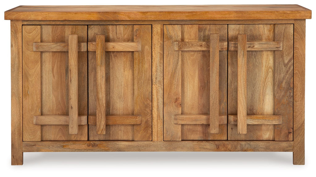 Natural accent cabinet with two center doors and decorative wood panels