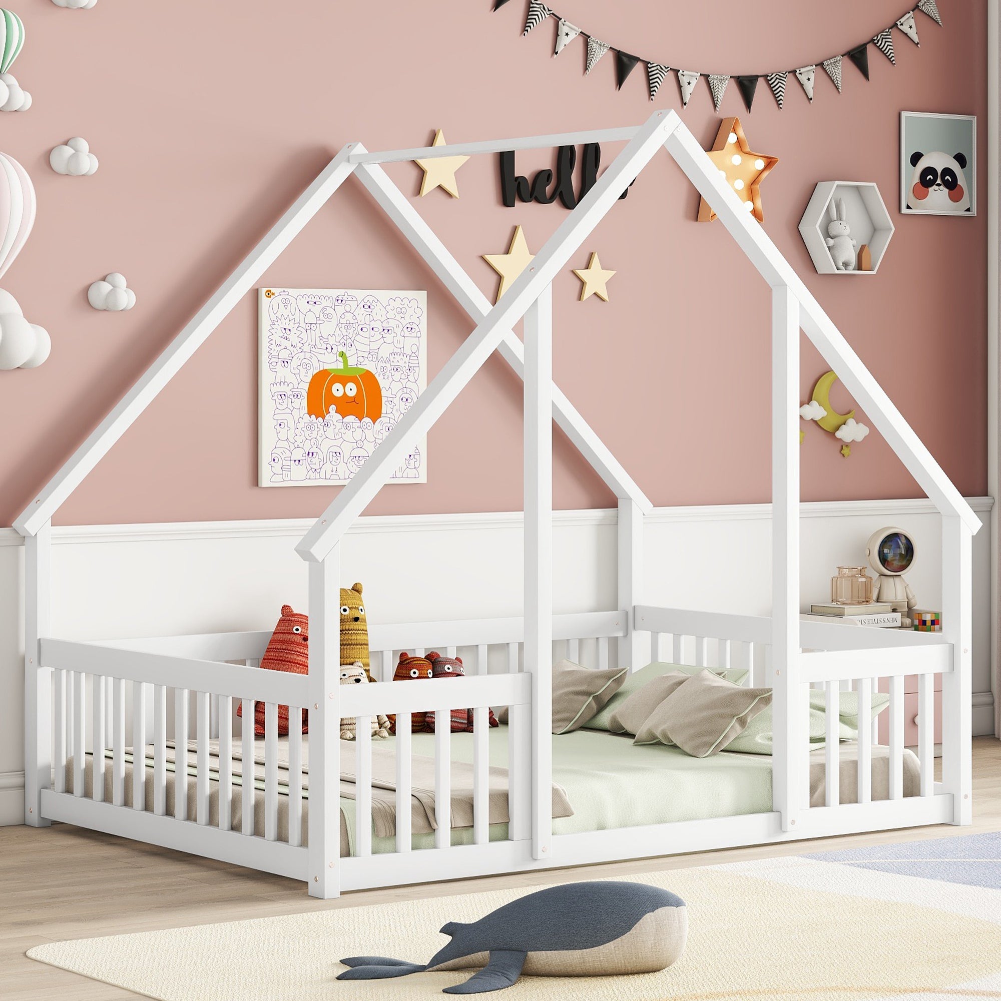 White Full Wood House-Shaped Floor Bed with Fence & Guardrails