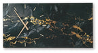 Wall clock with black hands and gold marbling across dark marble panel
