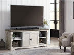 Extra large TV stand in light beige with two doors and dark brown top, TV mounted