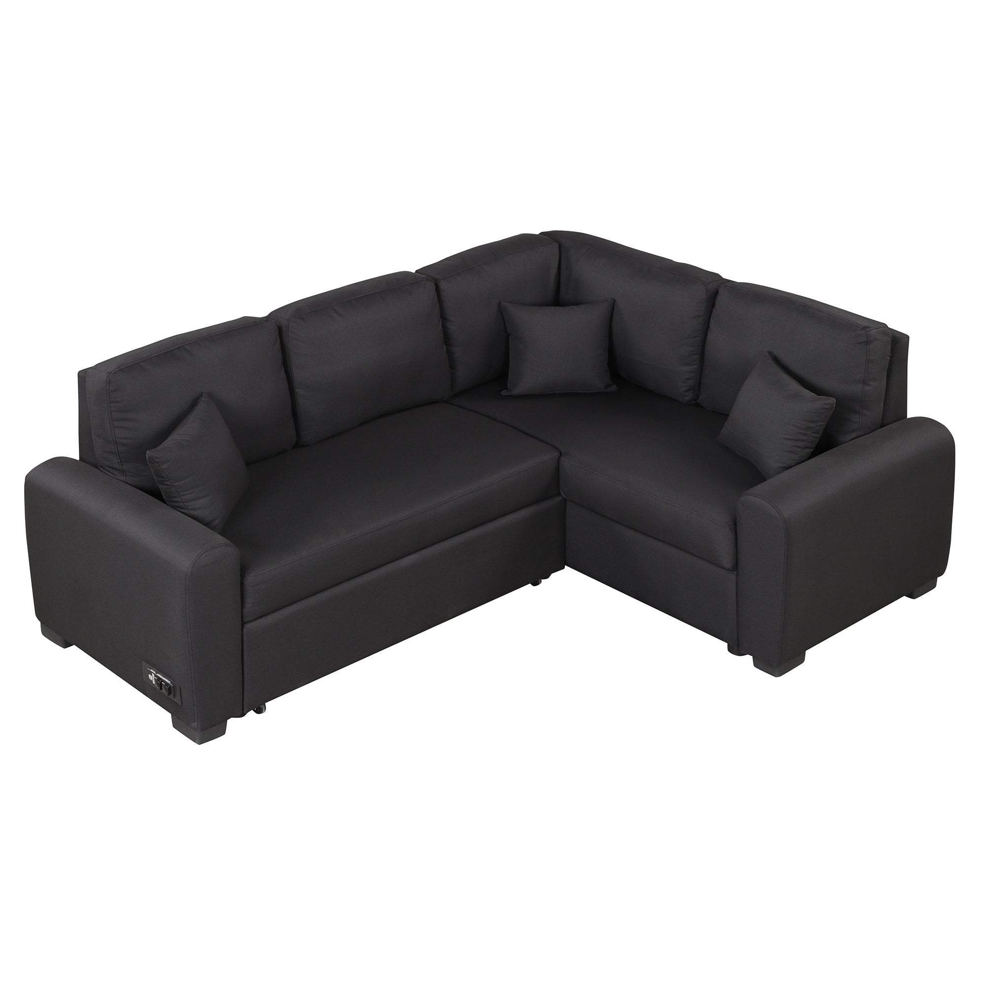 87.4" Black L-Shape Sectional Sleeper Sofa - USB Charging, Pull-Out Bed & Pillows