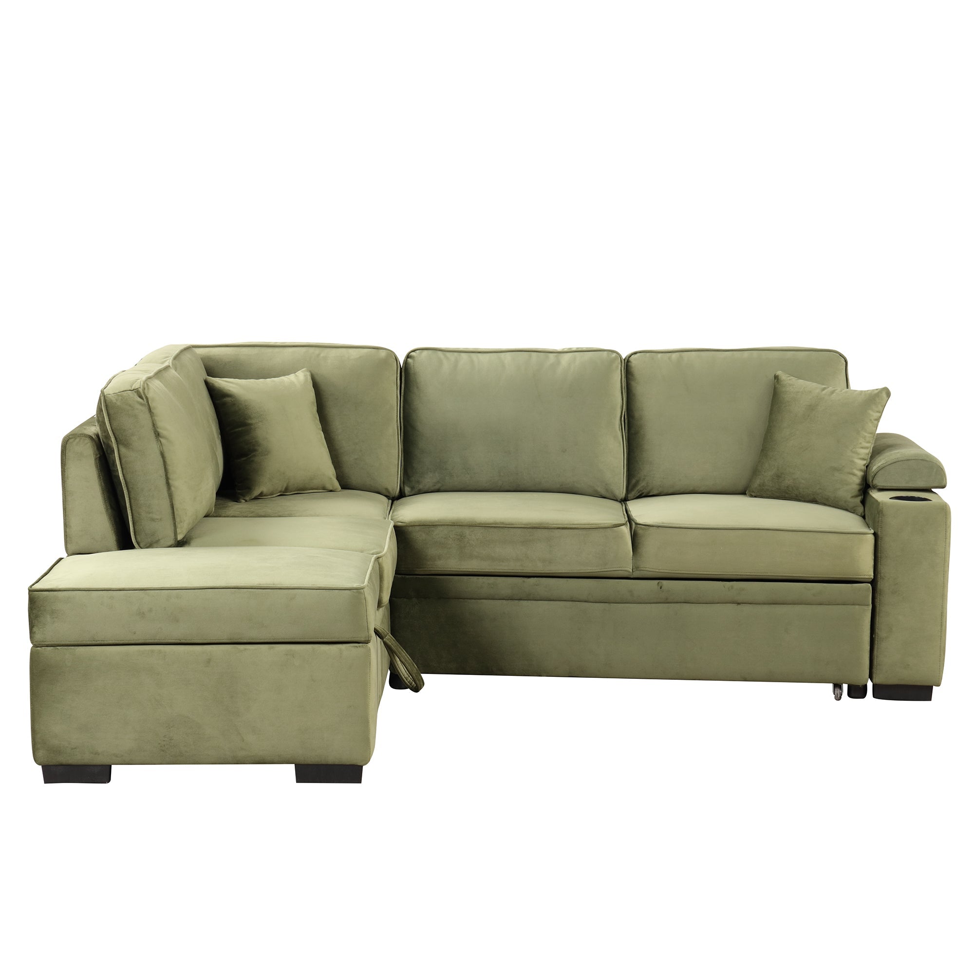 87.4" Green Velvet Sleeper Sectional Sofa L-Shaped w/ Storage Ottoman-Sleeper Sectionals-American Furniture Outlet