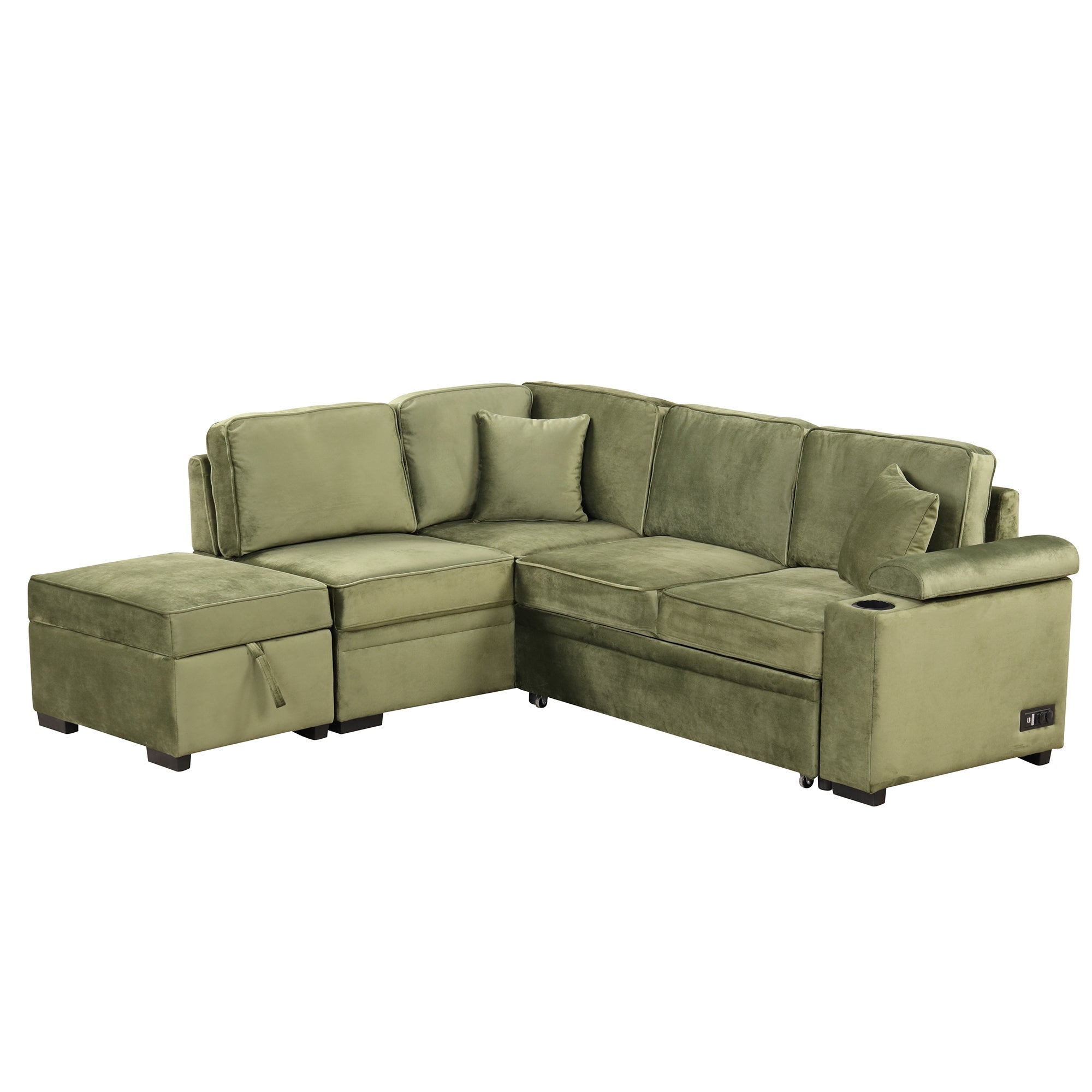 87.4" Green Velvet Sleeper Sectional Sofa L-Shaped w/ Storage Ottoman-Sleeper Sectionals-American Furniture Outlet