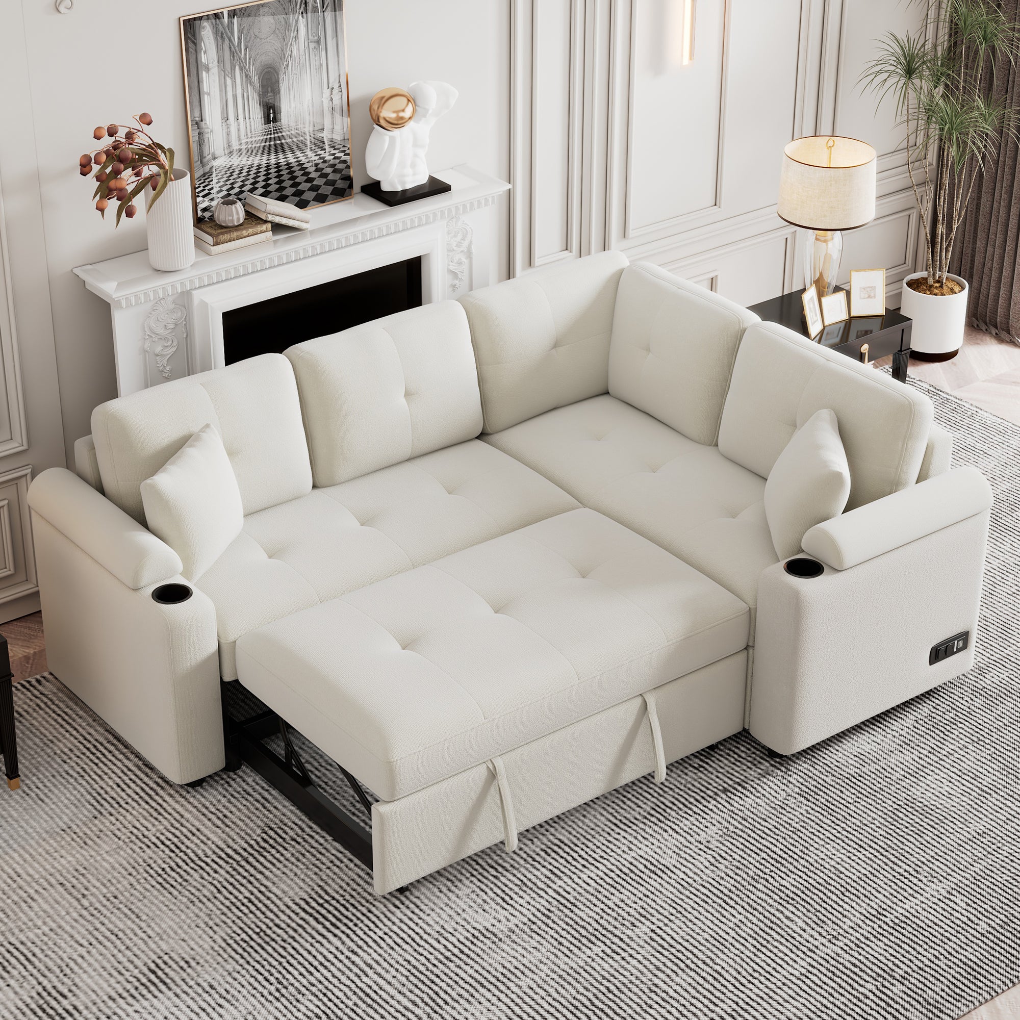 87.4" L-Shaped Boucle Sleeper Sectional Sofa - Beige - USB & Outlets-Sleeper Sectionals-American Furniture Outlet